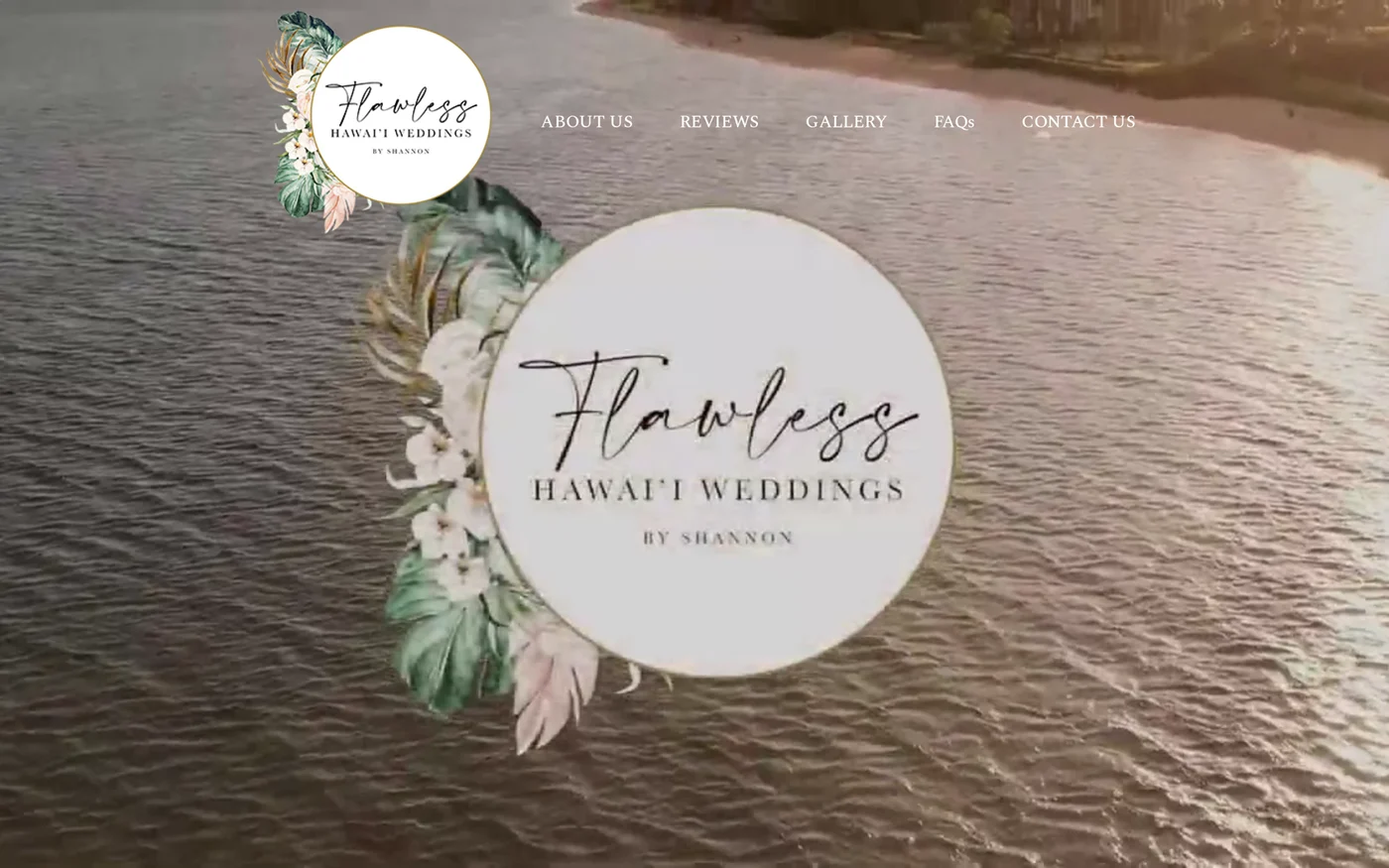 Flawless Hawaii Weddings website, with ocean imagery and its floral identity